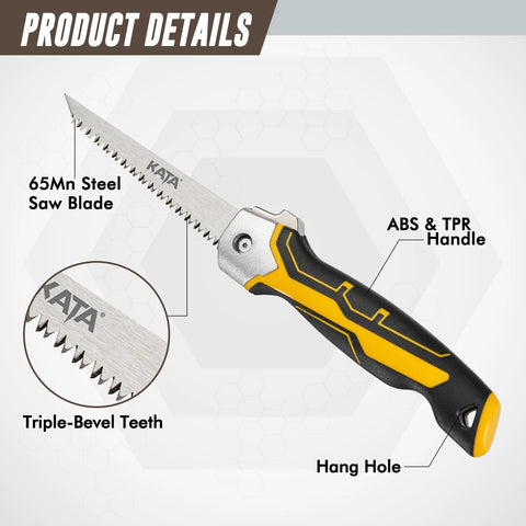 KATA folding drywall jab saw from Amazon, 65Mn steel blade with triple-bevel teeth, yellow/black ABS-TPR handle