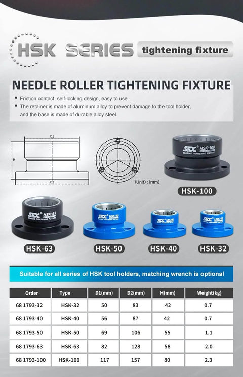 HSK63 Bearing Fixture Tightening Kit for HSK63A to HSK63F, showing needle roller tightening fixtures in various sizes.