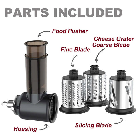 Parts included with Game-Changing Slicer Shredder Attachments For Stand Mixers With 3 Blades, Cheese Grater for KitchenAid and Cuisinart