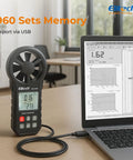 Pro Grade HVAC Anemometer With Bluetooth For Air Flow And Temperature Measurement, Real Time And Average Max Readings In CFM And CMM, Duct Traversing, System Balancing, Fume Hood Verification on desk with laptop