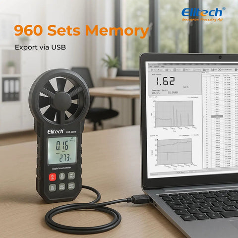 Pro Grade HVAC Anemometer With Bluetooth For Air Flow And Temperature Measurement, Real Time And Average Max Readings In CFM And CMM, Duct Traversing, System Balancing, Fume Hood Verification on desk with laptop