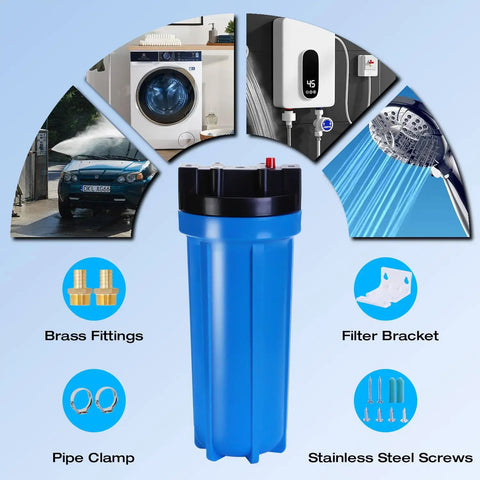 Real Deal Inline Water Softener For Every Residential Heater Kick Stubborn Calcium Crust To The Curb While Keeping Your Plumbing Smooth With NSF Certified Resin Guard blue housing with brass fittings and pipe clamp.