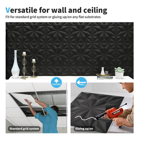 Black Diamond 3D Wall Panels Pack Of 12 Tiles 32 Sq Ft Dope Matte Black PVC Decor For versatile wall and ceiling use
