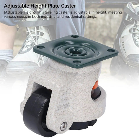 Rugged Retractable Leveling Casters With Ratchet Arm Design, Height Adjustable Plates Crushing Up To 2200 Lbs, Smooth Operator 40Mm Workshop Furniture And Garage Equipment Wheels mounted on a green plate, showing height adjustability and smooth rolling.
