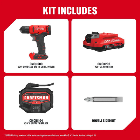 Badass 3/8 Inch Cordless Drill Driver With Battery And Charger Included, showing drill, battery, charger, and double-sided bit.