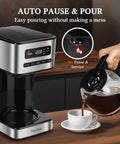 Programmable 12 Cup Coffee Maker With Four Brew Strength Options Hot And Iced Coffee Large LED Display 24 Hour Timer Keep Warm And Auto Shutoff Black And Stainless Steel Drip Coffee Machine For Home Or Office with person pouring coffee into a cup