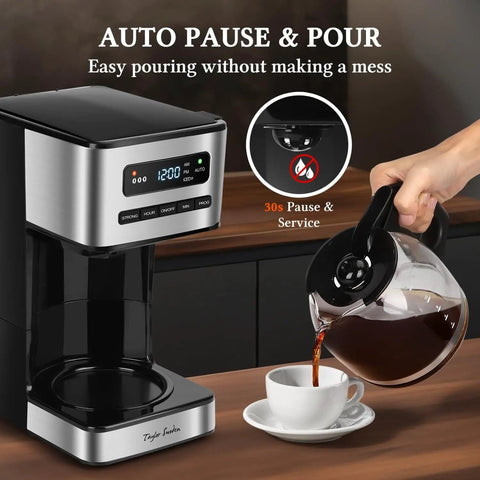 Programmable 12 Cup Coffee Maker With Four Brew Strength Options Hot And Iced Coffee Large LED Display 24 Hour Timer Keep Warm And Auto Shutoff Black And Stainless Steel Drip Coffee Machine For Home Or Office with person pouring coffee into a cup