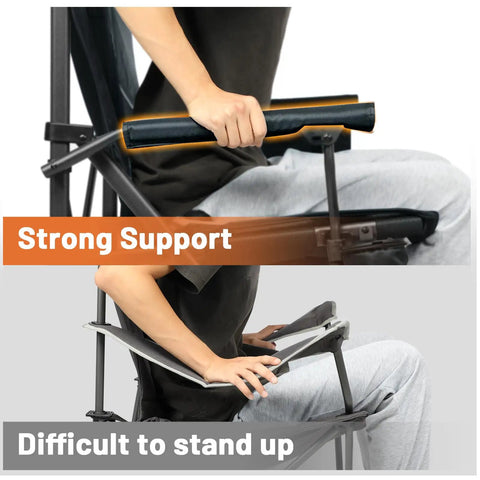 Oversized Folding Camping Chair With High Back Support 500 Lbs Capacity showing strong armrest support and difficulty standing