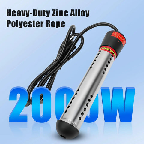 Portable 2000W Immersion Water Heater With Automatic Safety Shutoff for small pool and camping, showing stainless steel design and power cable.