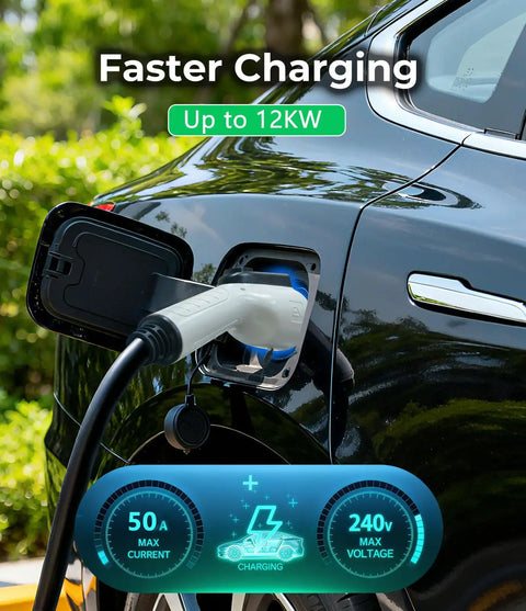 Workhorse SAE J1772 EV Charger Extension Cord 50 Amp 21 Foot Plug And Play Cable for fast electric car charging.