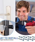 Person installing Six Pack Home Security Door Lock Reinforcement Kit With 48 Screws, showing drill use for heavy duty door brace.