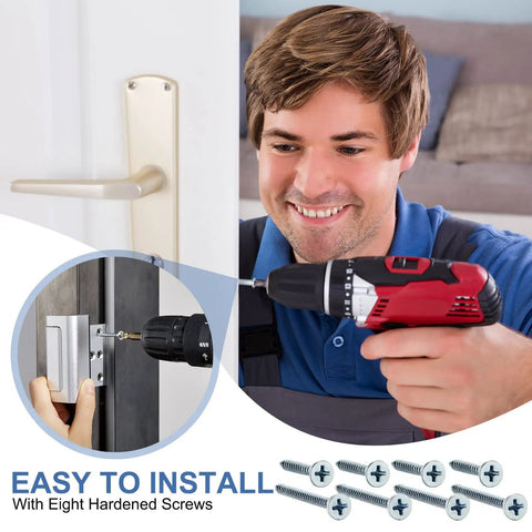 Person installing Six Pack Home Security Door Lock Reinforcement Kit With 48 Screws, showing drill use for heavy duty door brace.