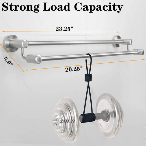 Double Bath Towel Bar 24 Inch Heavy Duty Wall Mounted Rack In SUS304 Stainless Steel Brushed Finish Two Rails For Space Saving In Bathroom Kitchen Or Entryway showing strong load capacity with weights.