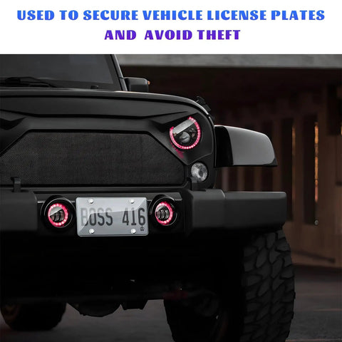 Heavy Duty Anti Theft License Plate Screw Kit securing a vehicle license plate on a black off-road truck.