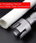 Heavy Duty PVC Pipe Threading Tool Kit For 1/2 And 3/4 Inch Lines Cut Internal External Threads Fast With Standard Drill close up of tool and pipe