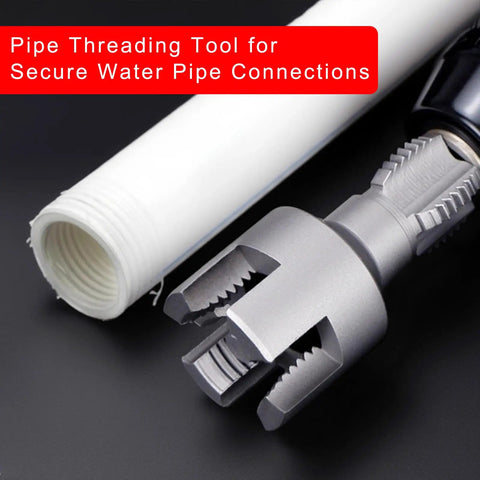 Heavy Duty PVC Pipe Threading Tool Kit For 1/2 And 3/4 Inch Lines Cut Internal External Threads Fast With Standard Drill close up of tool and pipe