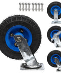 Built Tough High Elastic Rubber Caster Wheels That Roll Slick With Swivel Brake Lock And Reinforced Steel Base For Tool Carts Toolboxes Garage Gear 2 Pack 10 Inch with blue wheel and metal frame.