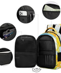 Dope Summer Fruit Print Unisex Backpack With Orange Lemon Lime Pattern open showing interior pockets and compartments
