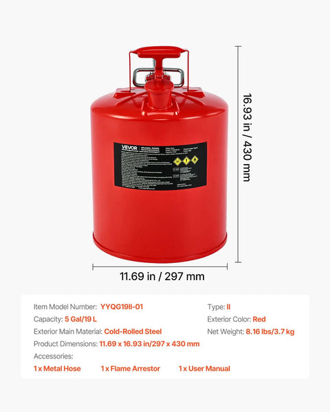 Rock Solid 5 Gallon Safety Gas Can Heavy Duty Type II Fuel Container With Stainless Flame Arrestor Zero Drip Auto Closing Lid And Adjustable Metal Spout Carbon Steel Jerry Can For Home Garage Refueling