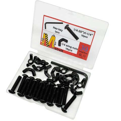 Black One Quarter Twenty Wing Nut Button Head Socket Cap Screw Bolts Kit With Hex Key Pro Grade Fasteners box with 1/4-20 bolts and wing nuts