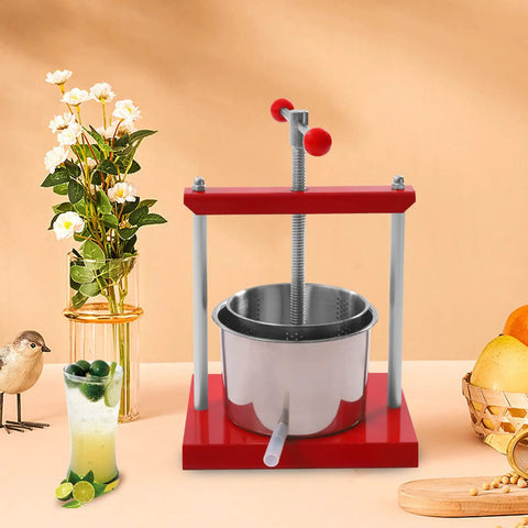 Heavy Duty 1.6 Gallon Stainless Steel Manual Press For Wine Cider Honey And Juicing Built Solid with red handles on a wooden base.