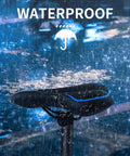 Comfy Gel Memory Foam Bike Seat for Men and Women under rain, showcasing waterproof soft saddle, blue highlight, anti slip cover