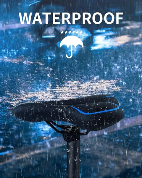 Comfy Gel Memory Foam Bike Seat for Men and Women under rain, showcasing waterproof soft saddle, blue highlight, anti slip cover