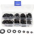 235 Piece Black Starlock Internal Tooth Lock Washers Set In 8 Sizes M2 M3 M4 M5 M6 M8 M10 M12, 65Mn Steel, Storage Box displayed