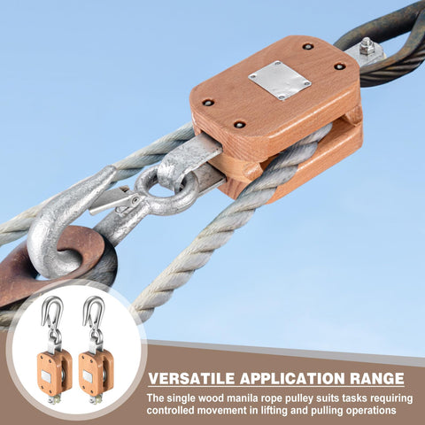 Two Pack Four Inch Wood Manila Rope Pulley Block With Hook Single Wheel Cable Pulley Half Inch Rope Two And A Quarter Inch Sheave 1000 Lbs WLL
