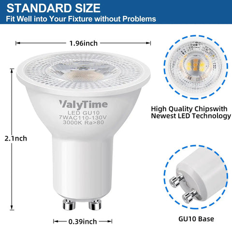 GU10 LED Light Bulbs 7W Warm White 3000K 650 Lumens 38 Degree Beam Flicker-Free Non Dimmable Track Lighting Replacement dimensions