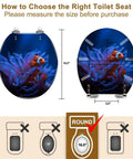 Laid Back Island Life Round Toilet Seat Cover featuring dimensions and fit instructions with vivid clownfish design.