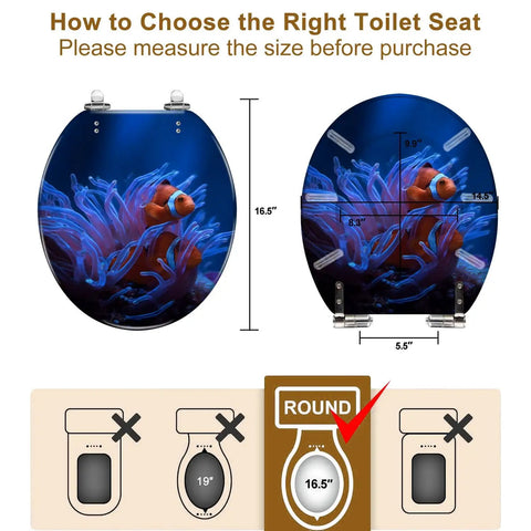 Laid Back Island Life Round Toilet Seat Cover featuring dimensions and fit instructions with vivid clownfish design.
