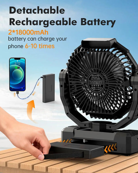 3 In 1 Camping Fan With 36000mAh Battery, Detachable Power Bank, LED Light And Hook showing battery removal