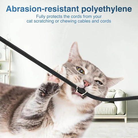 Cat biting 10ft Braided Cable Sleeve for DIY Cable Management One Quarter Inch Diameter Split Self Wrapping Wire Loom