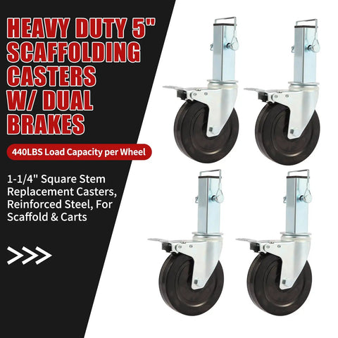 Heavy Duty 5 Inch Scaffold Rollaway Casters 4 Pack With Dual Brakes, reinforced steel, 440 lb capacity, for carts and scaffolds.