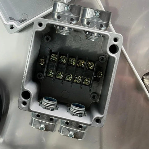 Inside view of Heavy Duty Metal Conduit Connectors 5 Pack Double Outlet Wire Harness Clamps 3/8 Inch Cables showing terminal block.