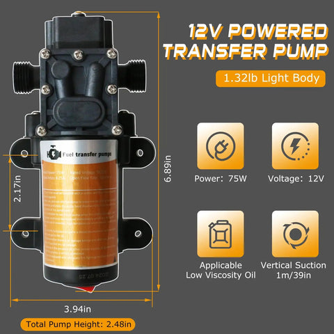 Portable 12V DC Fuel Transfer Pump With 75W Motor Delivers Up To 110 GPH Gasoline Or Diesel For Cars Boats Motorbikes And Equipment