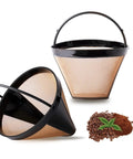 Reusable Cone Coffee Filters Size 04, 2 Pack Gold Tone Permanent Filter with coffee beans