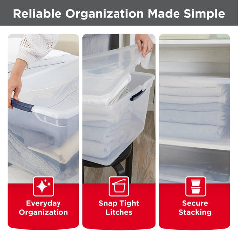 Cleverstore 95 Qt Clear Storage Bins With Lids, 4-Pack used for organizing folded towels, showing snap tight latches and stackability.