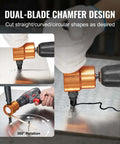 Double Head Sheet Metal Nibbler Cutter With 360 Degree Drill Attachment in use on metal sheet, showcasing dual-blade chamfer design
