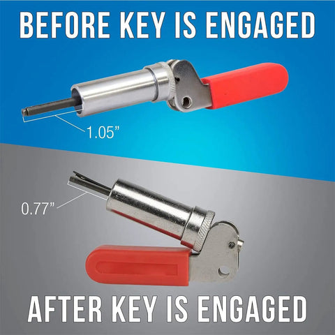 Heavy Duty Steel Drum Fastener Plunger Tool Fits Size Six Components With 0.158 Inch Inner Diameter before and after adjustments.