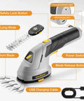 Cordless Hedge Trimmer And Grass Shear 2 In 1 Handheld Electric Tool with battery, interchangeable blades, and charging cable.