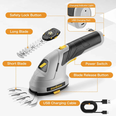 Cordless Hedge Trimmer And Grass Shear 2 In 1 Handheld Electric Tool with battery, interchangeable blades, and charging cable.