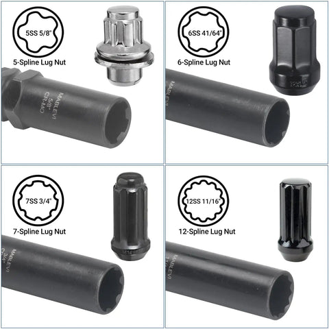 Eight Piece Wheel Lock Removal Kit with various spline lug nuts and socket keys shown in detail.