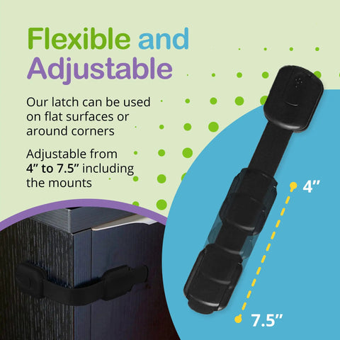 Adjustable and reusable kid proof cabinet locks and latches for cabinets doors drawers toilet and fridge with easy install adhesive pads pack of 6 black for quick strong long lasting childproofing at home showing adjustable length from 4 to 7.5 inches