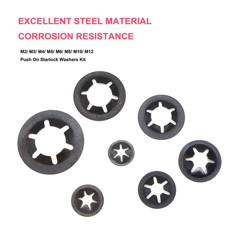 235 Piece Black Starlock Internal Tooth Lock Washers Set In 8 Sizes M2 M3 M4 M5 M6 M8 M10 M12, 65Mn Steel on display