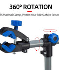 360° rotation clamp feature of Heavy Duty Bike Repair Stand for Easy Home Maintenance, Height Adjustable and Foldable Bike Work Stand With Tool Tray, Sturdy Steel Construction, Supports Mountain and Road Bikes Up to 44 Lbs, Portable Workshop Essential.