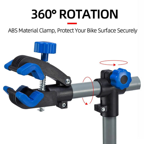 360° rotation clamp feature of Heavy Duty Bike Repair Stand for Easy Home Maintenance, Height Adjustable and Foldable Bike Work Stand With Tool Tray, Sturdy Steel Construction, Supports Mountain and Road Bikes Up to 44 Lbs, Portable Workshop Essential.