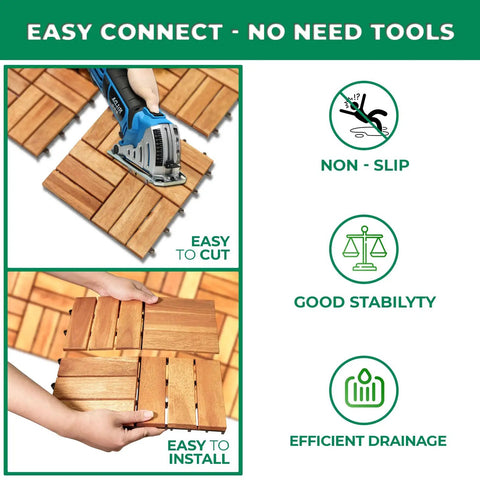 Interlocking Teak Deck Tiles Pack Of Nine For Indoor Outdoor Patio Flooring Natural Teak Wood showing easy cut and install.