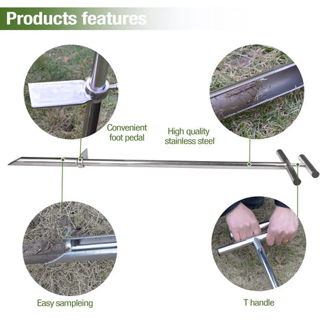 40 Inch Stainless Steel Soil Sampler Probe With Ejector Foot Pedal and Reusable Sample Bag for Lawn Garden Farm features